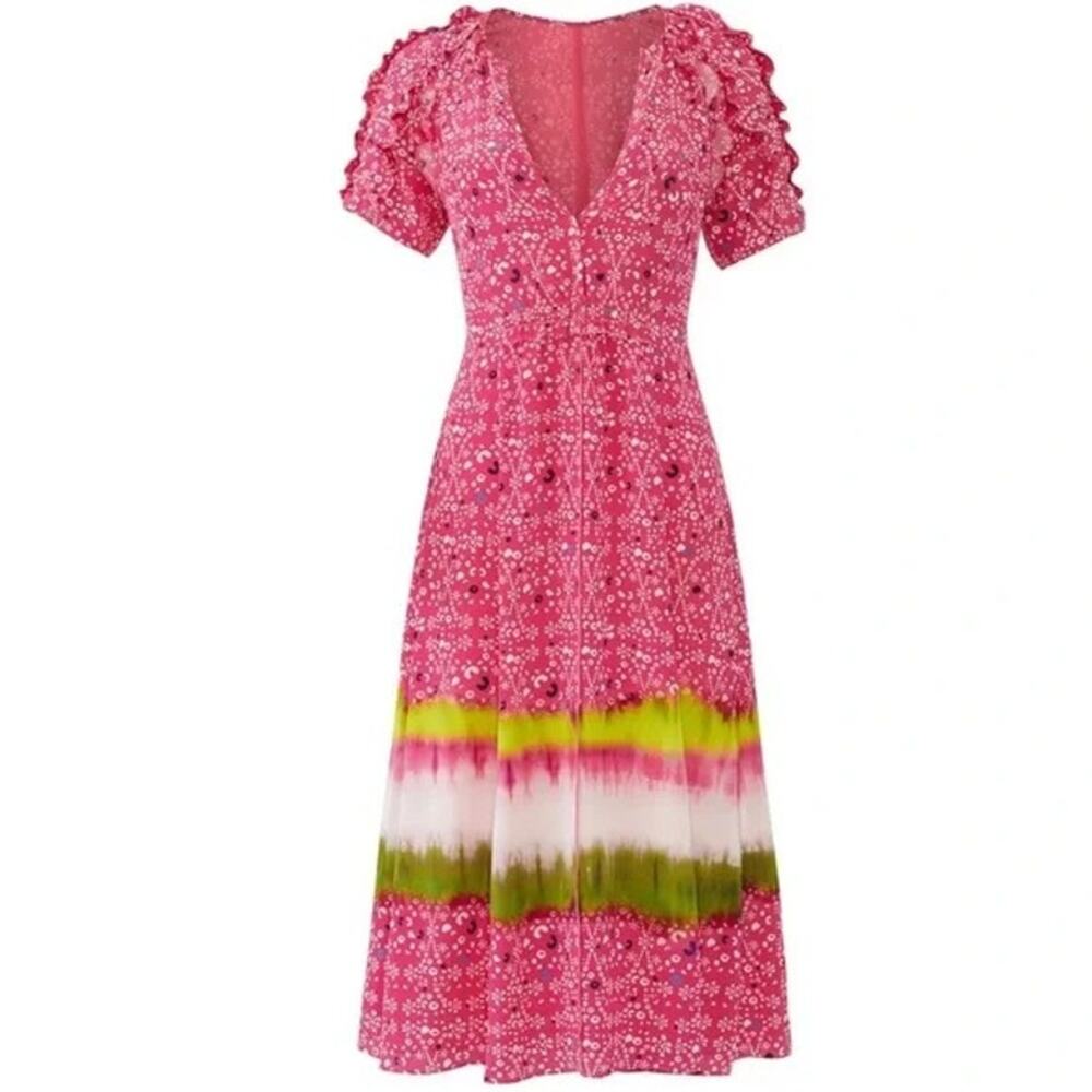 Tanya Taylor Luciana Pink Mosaic Print Short Sleeve 100% Silk Midi Dress Size 4